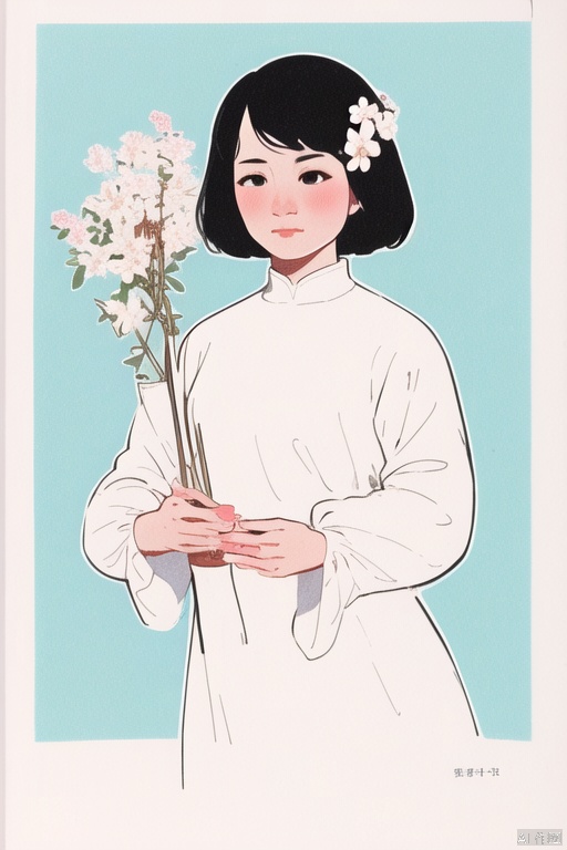 nianhua,1girl,solo,shot hair,black hair,hair ornament,long sleeves,dress,holding,closed mouth,flower,hair flower,wide sleeves ,white dress,traditional media,chinese clotheshanfu, jijianchahua
