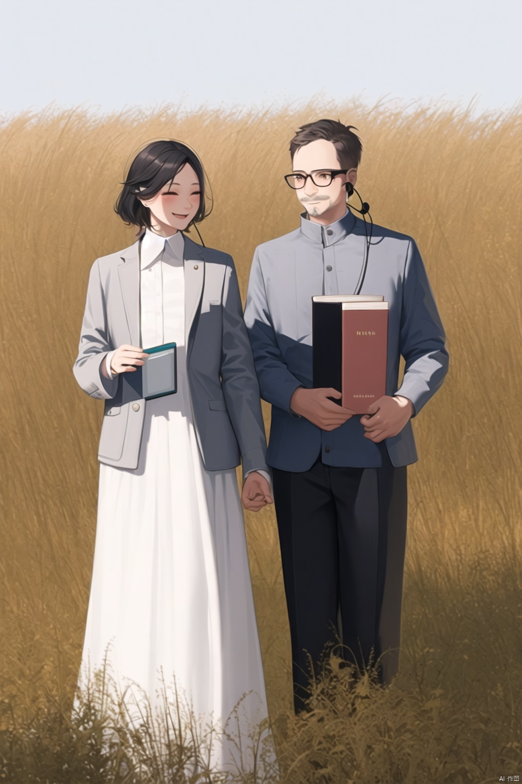  nianhua,smile,1girls,shirt,womens,girlsblack hair,dress,jacket,1boys,glasses,book,facial hair,headphones,grass,,nianhua,jijianchahua