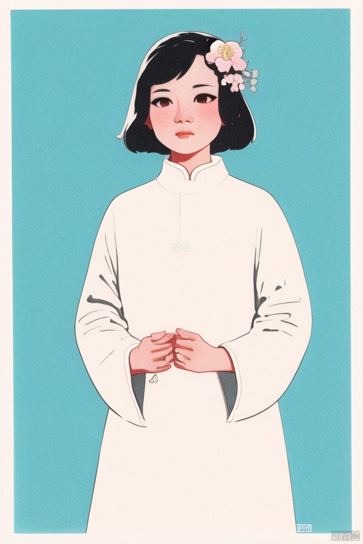 nianhua,1girl,solo,shot hair,black hair,hair ornament,long sleeves,dress,holding,closed mouth,flower,hair flower,wide sleeves ,white dress,traditional media,chinese clotheshanfu, jijianchahua