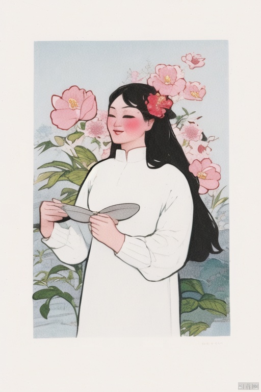 nianhua,1girl,solo,long hair,black hair,hair ornament,long sleeves,dress,holding,closed mouth,flower,hair flower,wide sleeves ,white dress,traditional media,chinese clotheshanfu, jijianchahua