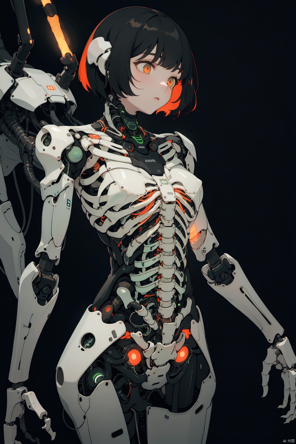 1girl, solo, short hair, bangs, simple background, black hair, brown eyes, multicolored hair, cowboy shot, orange hair, orange eyes, black background, science fiction, android, joints, cyborg, ribs, skeleton, robot joints, bone, mechanical parts, spine, 1girl Robot