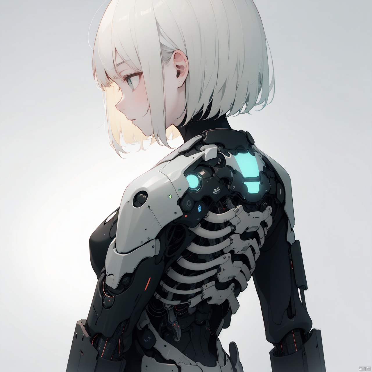  1girl, solo, short hair, bangs, blonde hair, simple background, closed mouth, upper body, white hair, grey background, from side, gradient, gradient background, bodysuit, profile, science fiction, android, ribs, mechanical parts, spine