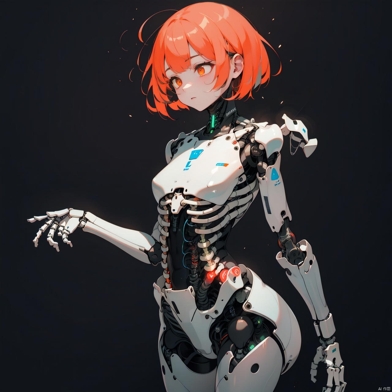  1girl, solo, short hair, bangs, simple background, black hair, brown eyes, multicolored hair, cowboy shot, orange hair, orange eyes, black background, science fiction, android, joints, cyborg, ribs, skeleton, robot joints, bone, mechanical parts, spine, 1girl Robot