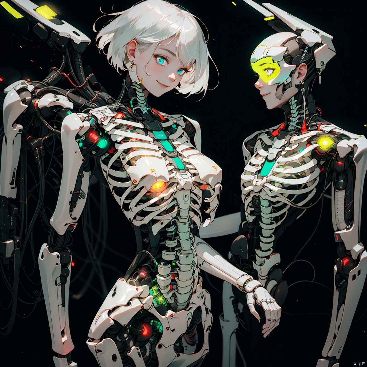  1girl, solo, looking at viewer, smile, short hair, blue eyes, simple background, jewelry, closed mouth, white hair, earrings, glowing, black background, science fiction, android, cyborg, ribs, skeleton, bone, mechanical parts, spine