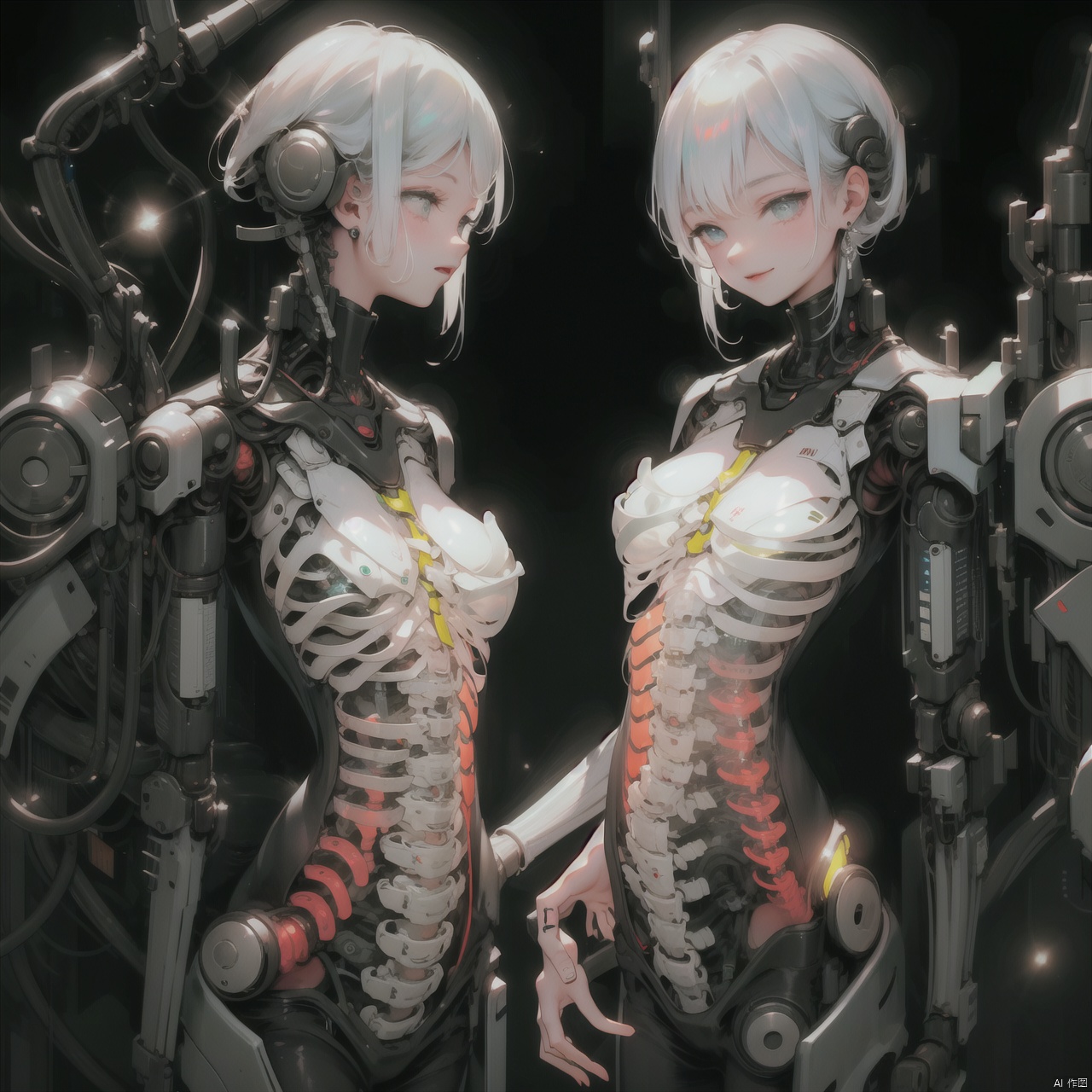 1girl, solo, looking at viewer, smile, short hair, blue eyes, simple background, jewelry, closed mouth, white hair, earrings, glowing, black background, science fiction, android, cyborg, ribs, skeleton, bone, mechanical parts, spine