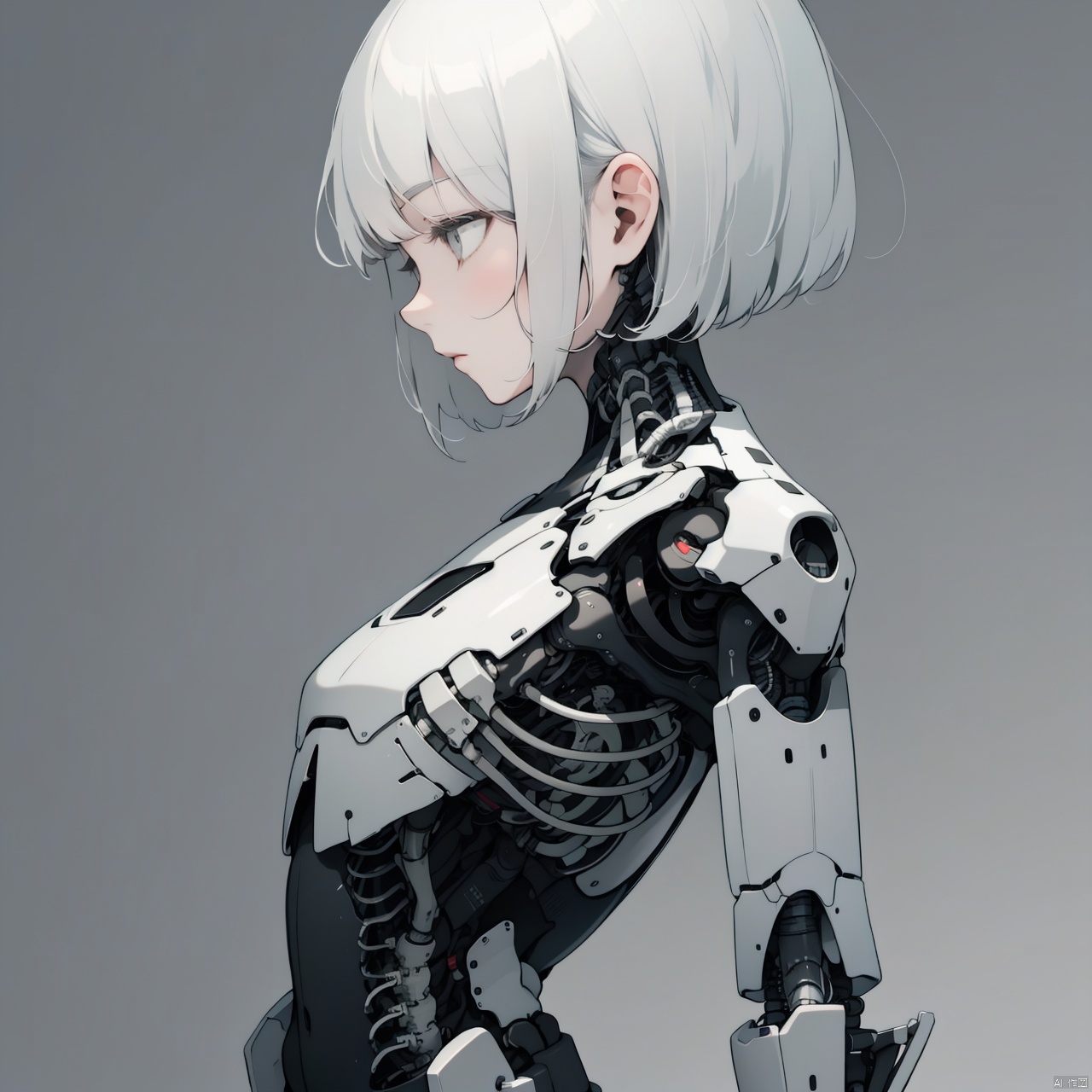  1girl, solo, short hair, bangs, simple background, closed mouth, white hair, from side, grey eyes, profile, black background, android, joints, ribs, skeleton, robot joints, mechanical parts, spine