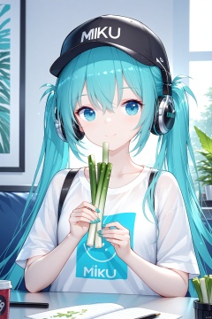  (masterpiece),(best quality),illustration,ultra detailed,hdr,Depth of field,(colorful), hatsune miku, 1girl, twintails, baseball cap,MIKU is written on the hat, solo, looking at viewer, spring onion, long hair, holding, hair between eyes, closed mouth, headphones, blue eyes, shirt, upper body, smile, aqua eyes, aqua hair, nail polish, blue hair, portrait, doll, white shirt, , , , ,
