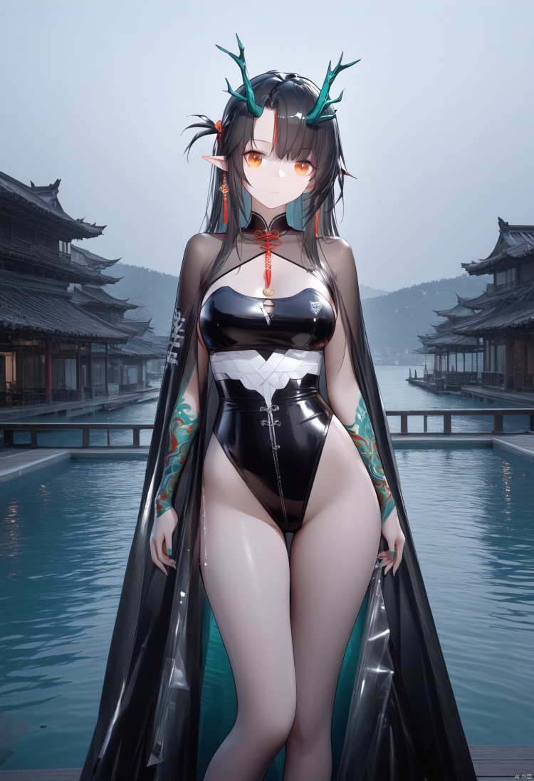 1girl, solo, dusk (arknights), official alternative costume, large breasts, bare legs, closed mouth, looking at viewer, standing, cowboy shot, cosplay photo, virtual youtuber, film still, best quality, amazing quality, very aesthetic, absurdres, Highly detailed, best quality, masterpiece, Highly detailed, slim skinny, best female figure, perfect female body, 