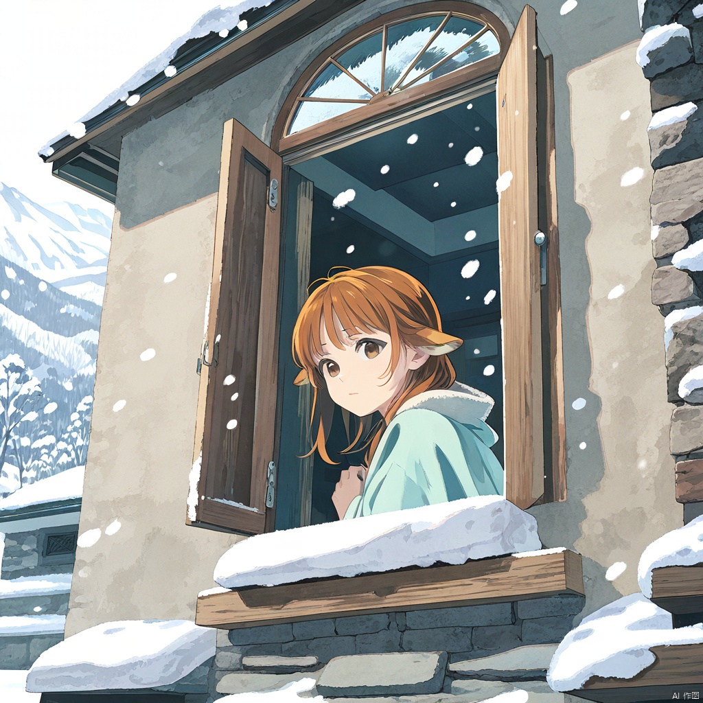  (masterpiece, best quality),Snow falls outside the window of a girls room. BREAK A girl with a sad expression sits on the bed, leaning against the wall. She is wrapped in a white blanket with orange flowers. Her long brown hair covers her ears. Her hands are hidden inside the blanket. BREAK The window is open, with a wooden frame and a white curtain on the left. Snow is piled up on the frame. Below the window, there is a small vase with a red flower. BREAK The girl looks at the snowy landscape, with snow-covered roofs, forest and mountains. The mood is lonely and peaceful., Anime,Enhanced All,ghibli,illustrator,sticker design
