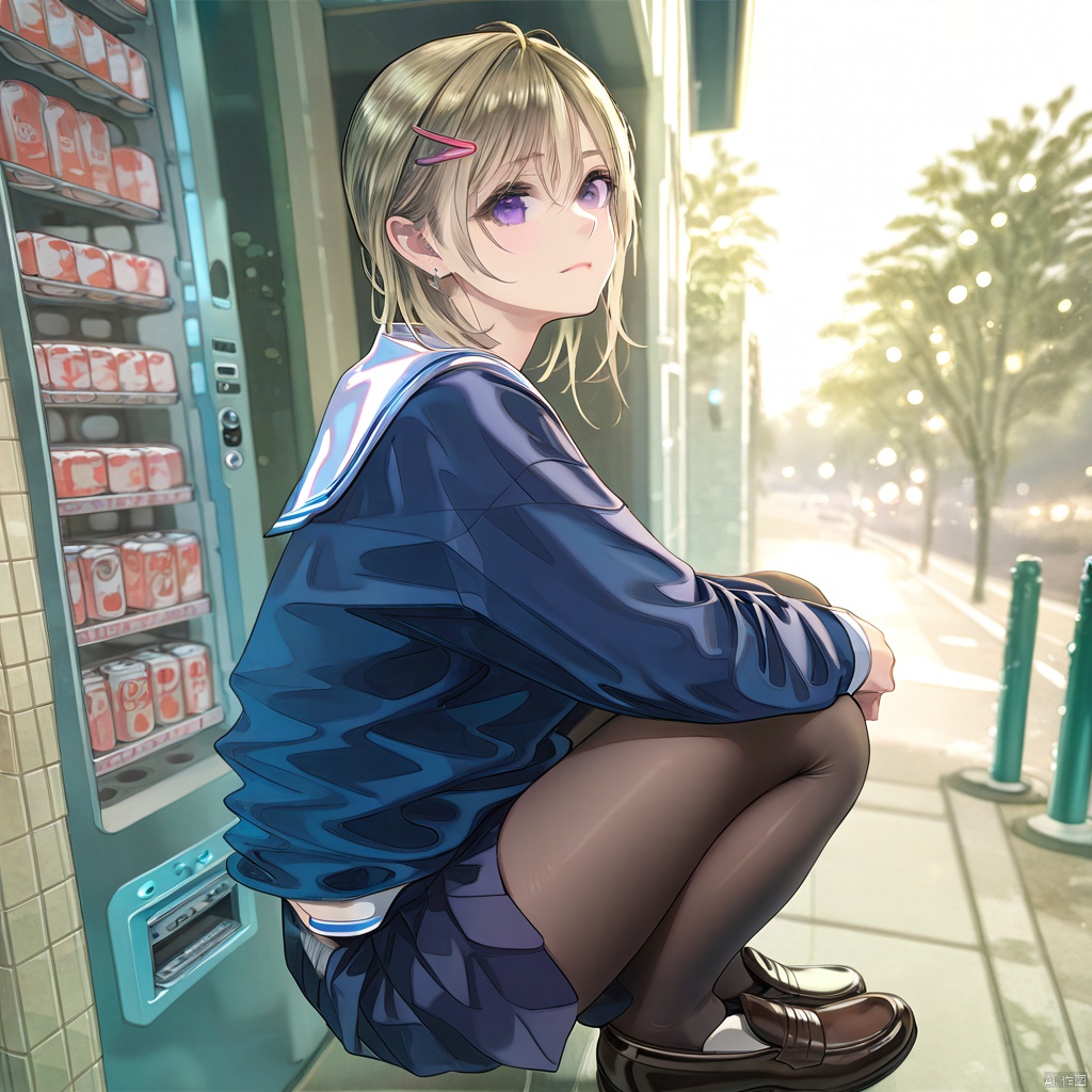  (masterpiece),(best quality),illustration,ultra detailed,hdr,Depth of field,(colorful),1girl,solo,purple eyes,black footwear,white sailor collar,outdoors,loafers,shoes,hairclip,sailor collar,shirt,blue serafuku,closed mouth,hair between eyes,black pantyhose,vending machine,blue skirt,black skirt,