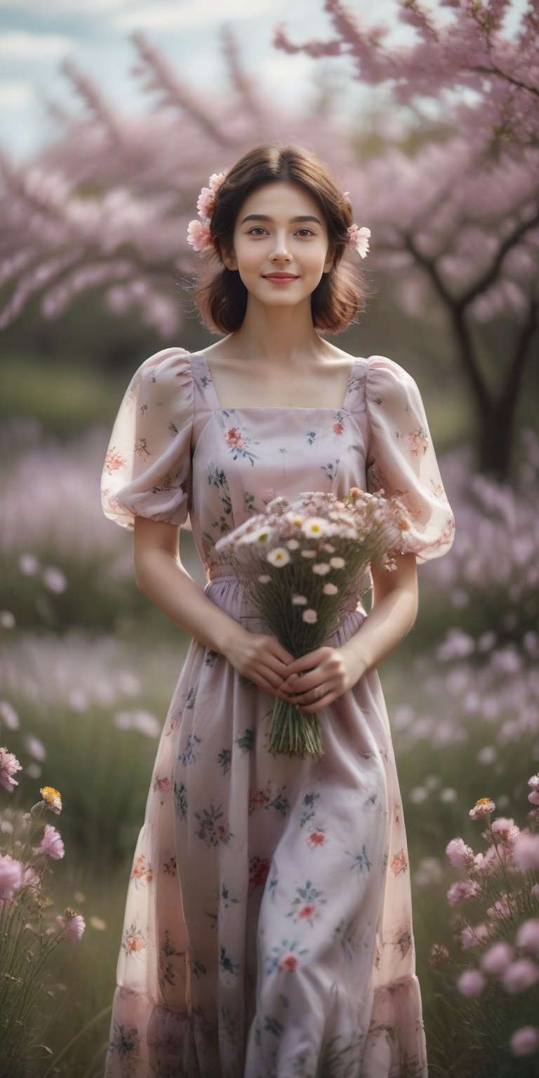 a beautiful award winning full length portrait of a dusky maiden wearing a chic floral dress,  she is outdoors,  holding a...