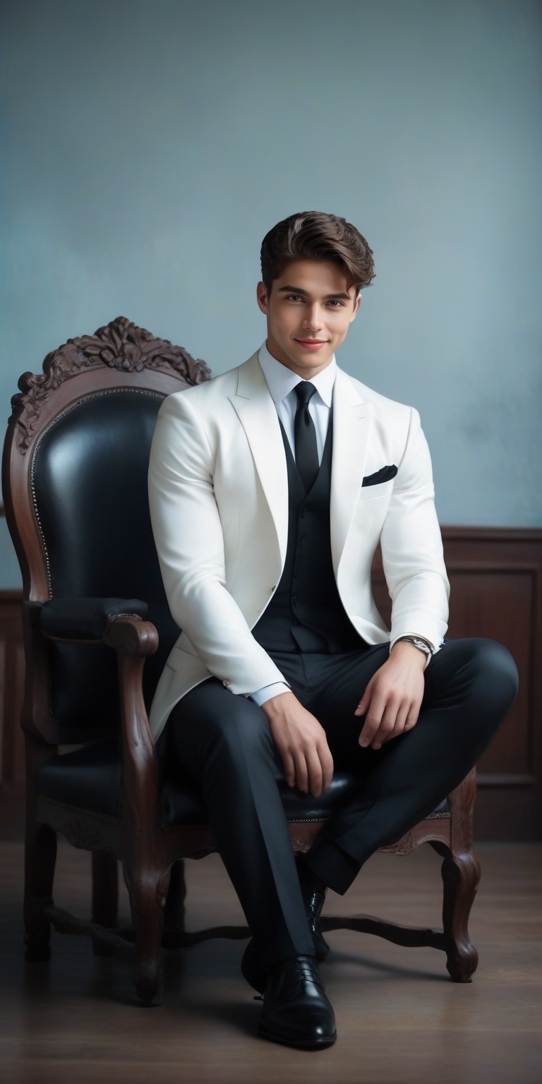 imagine the following surreal scene A completely white and empty room. A beautiful man sitting in the center. The man is I...