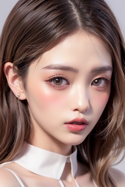 1girl solo brown hair closed mouth grey background collar lips realistic ,  pl ,  1 girl on Tensor.Art