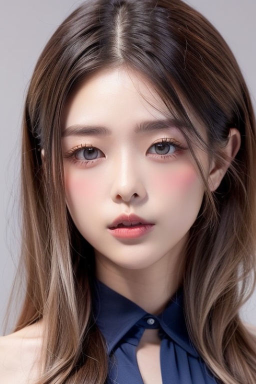 1girl solo brown hair closed mouth grey background collar lips realistic ,  pl on Tensor.Art