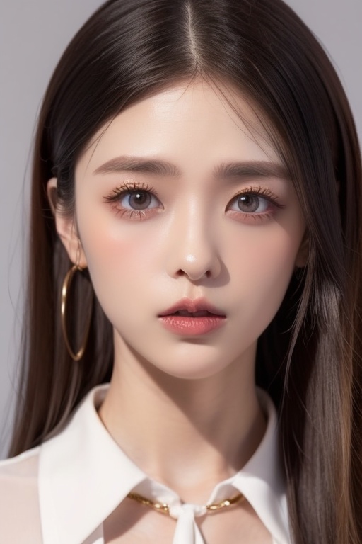 1girl solo brown hair closed mouth grey background collar lips realistic ,  pl ,  1 girl on Tensor.Art