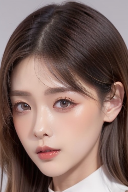 1girl solo brown hair closed mouth grey background collar lips realistic ,  pl on Tensor.Art