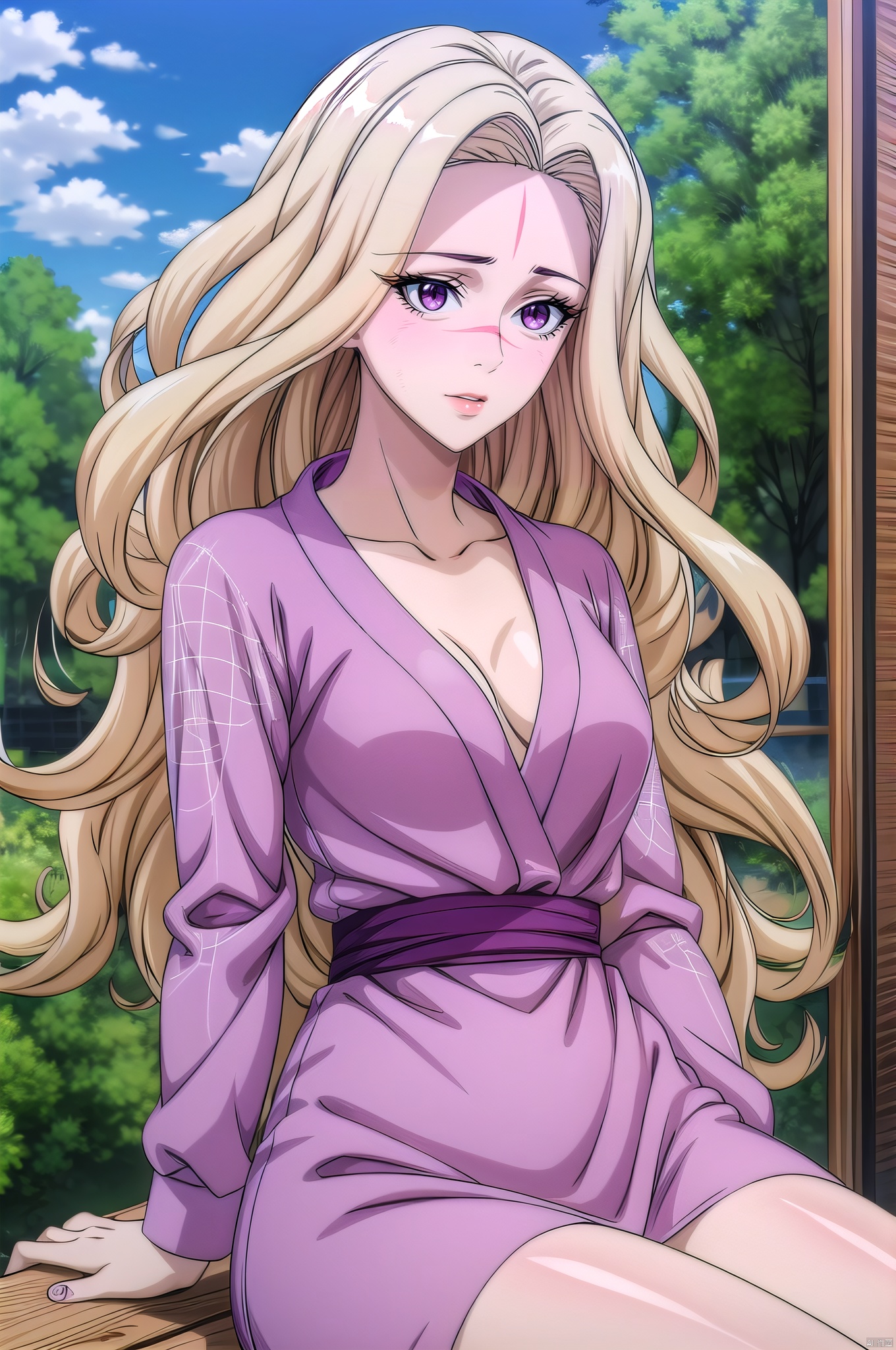 Qingtong, 1girl, solo, long hair, blonde hair, day, outdoors, anime coloring, looking down, sky, tree, scar, collarbone, facial mark, cloud, phone, purple eyes, blue sky, nice hands,looking_at_viewer ,cowboy_shot,sitting,arms support,