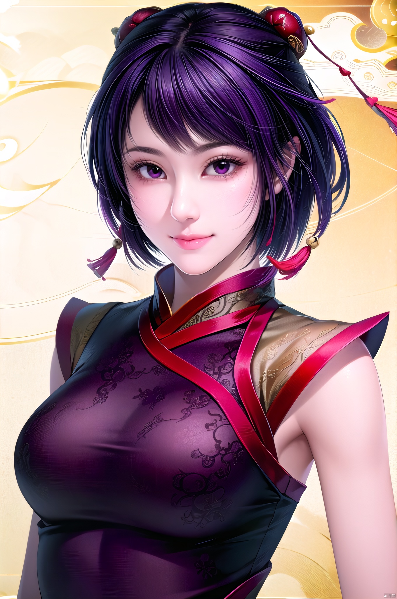 Lingsha, 1girl, solo, short hair, purple hair, chinese clothes, lips, hair ornament, smile, purple eyes, upper body, looking at viewer, dress, nice hands,looking_at_viewer ,