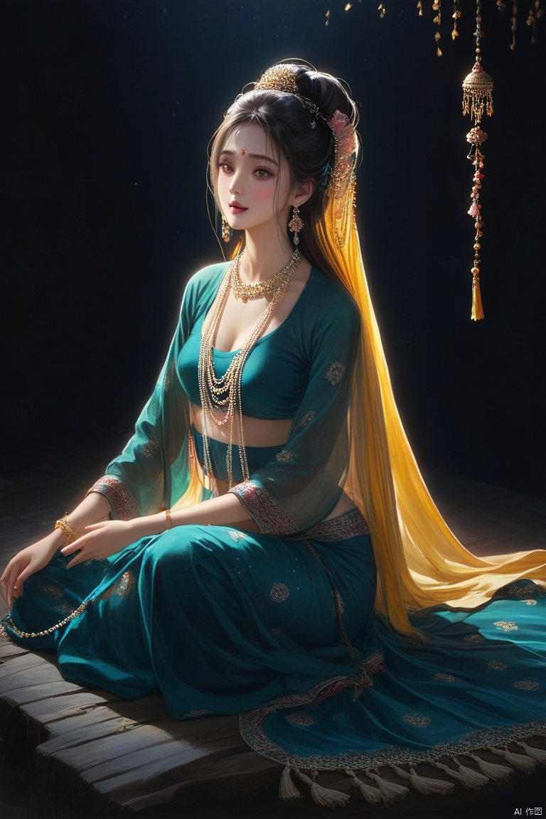 masterpiece,best quality,
1girl,long hair,nishang clothes,jewerly,Messy ,floating,pelvic curtain,tassel,sitting,in the dark,long hair,shawl,