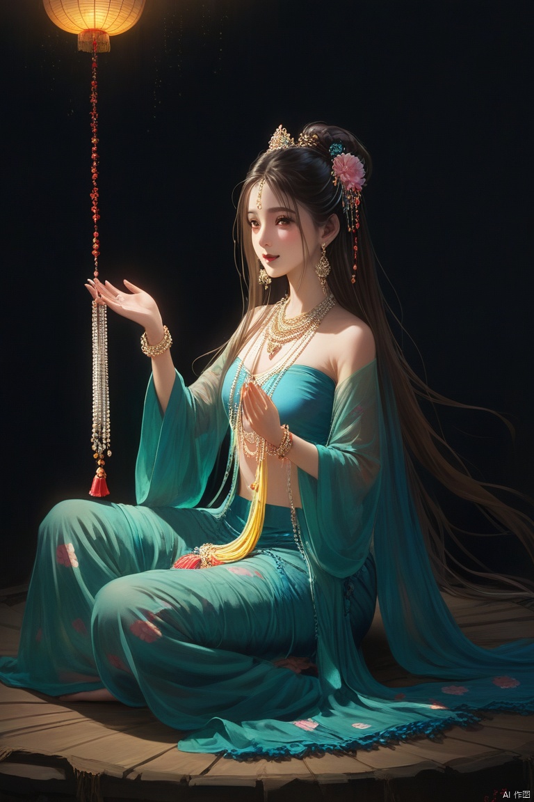 masterpiece,best quality,
1girl,long hair,nishang clothes,jewerly,Messy ,floating,pelvic curtain,tassel,sitting,in the dark,long hair,shawl,
