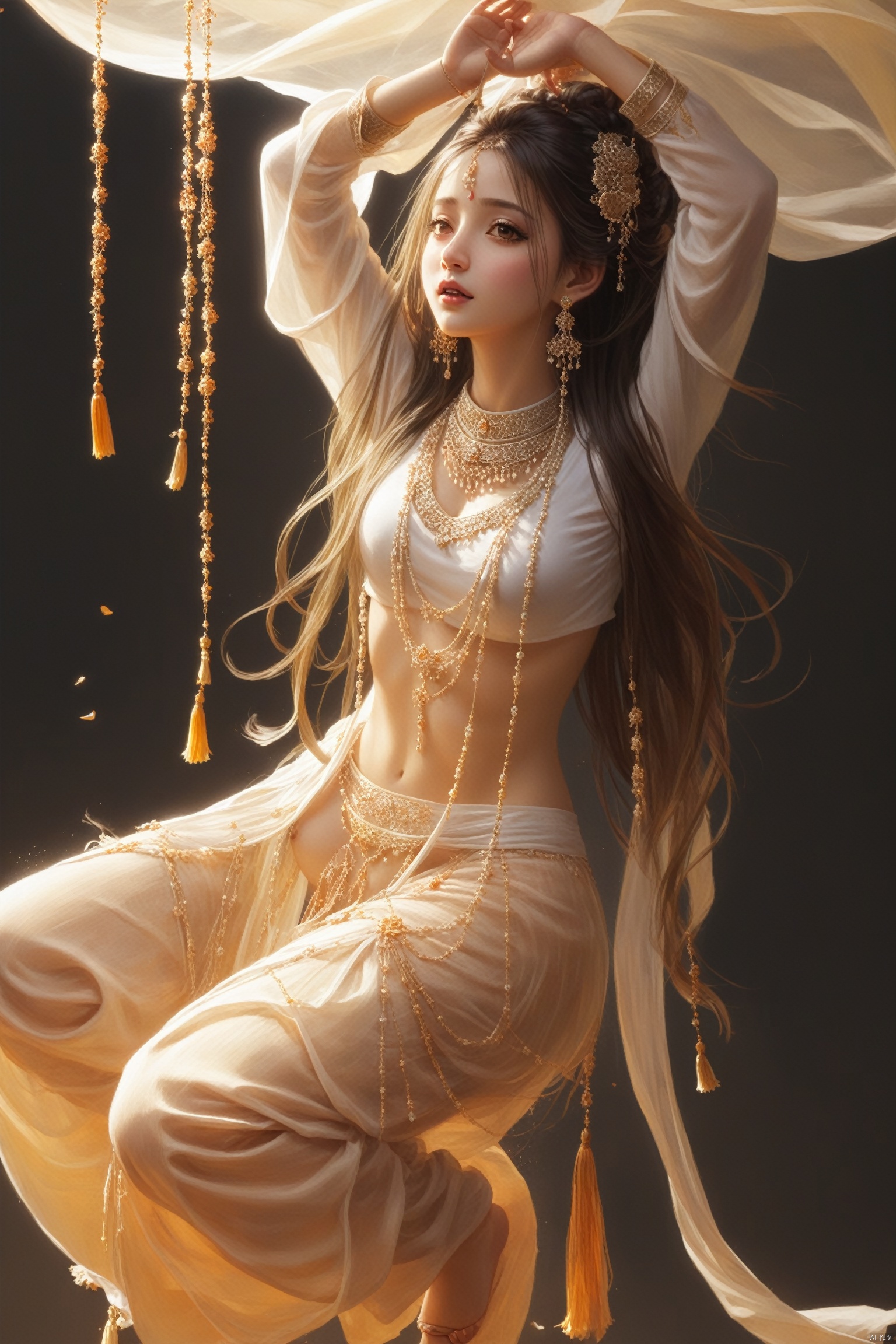 masterpiece,best quality,
1girl,long hair,nishang clothes,jewerly,Messy ,floating,pelvic curtain,tassel,