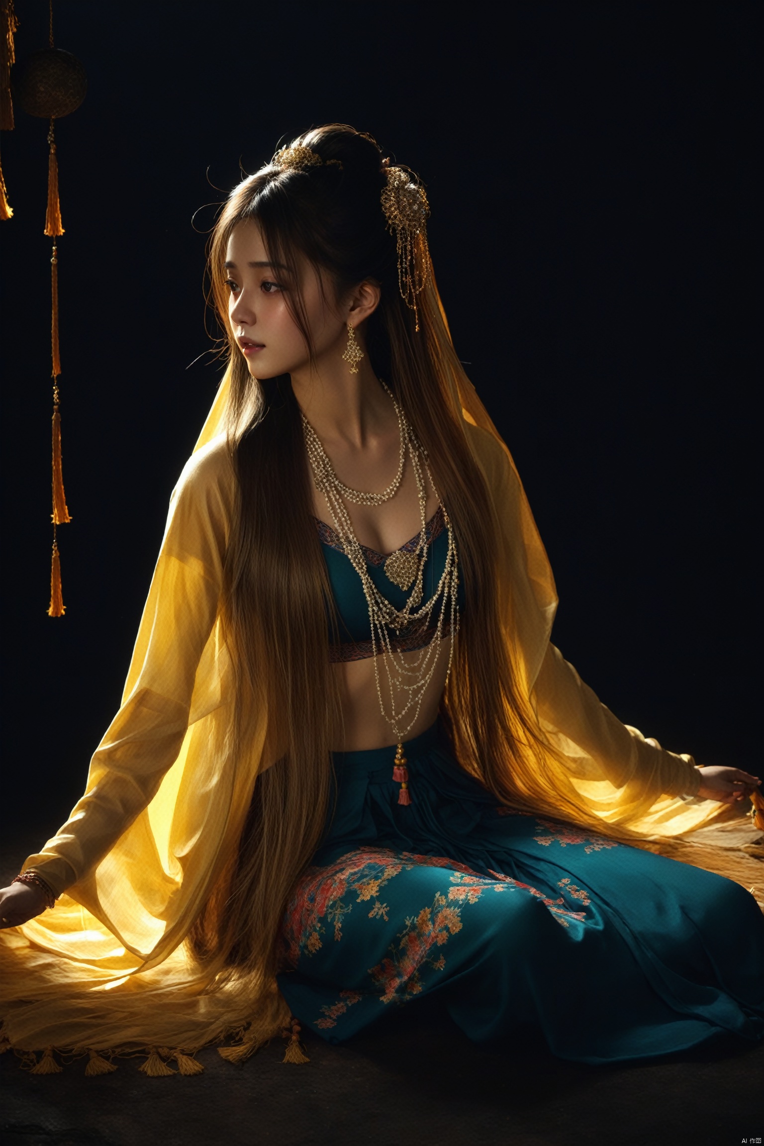 masterpiece,best quality,
1girl,long hair,nishang clothes,jewerly,Messy ,floating,pelvic curtain,tassel,sitting,in the dark,long hair,shawl,