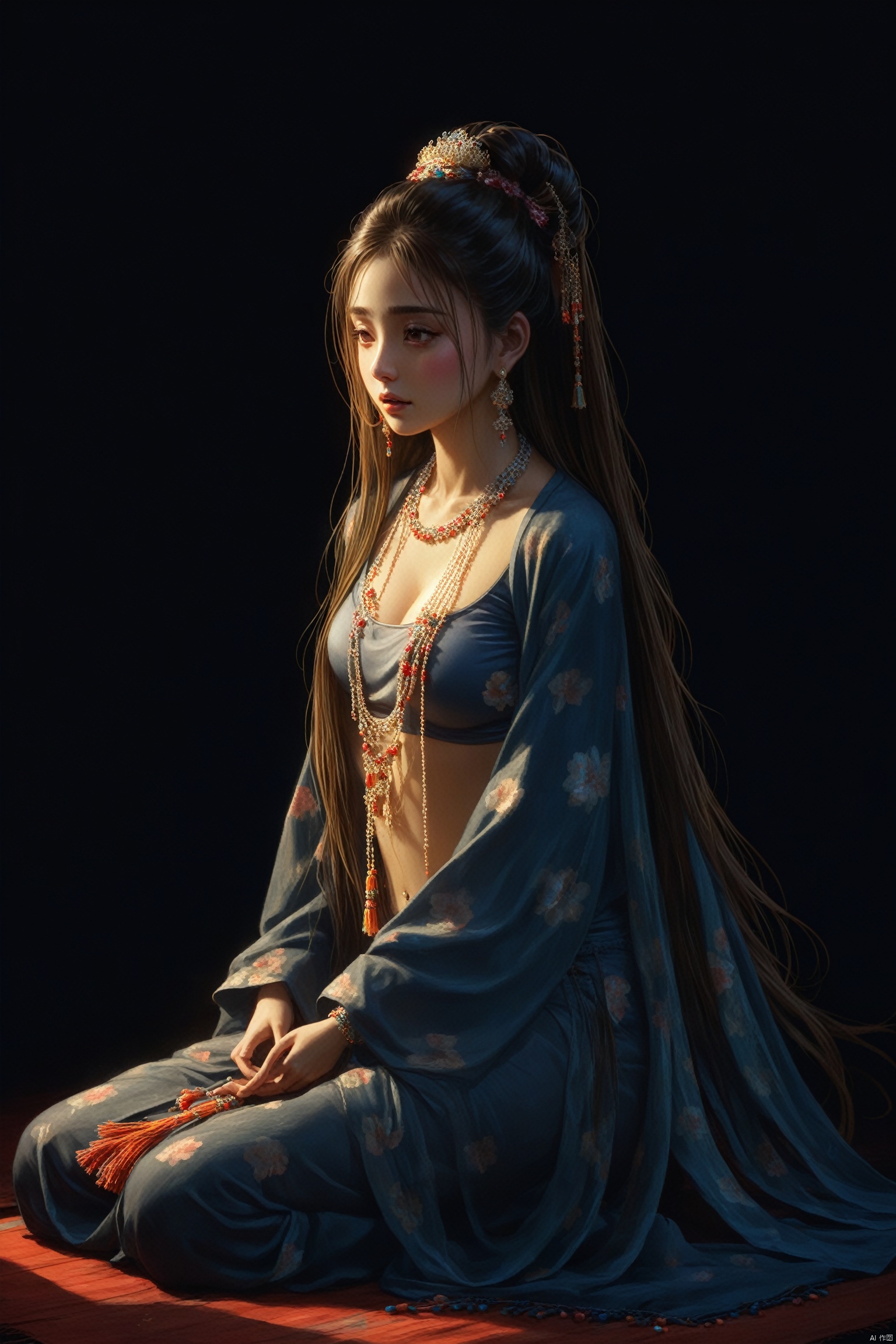 masterpiece,best quality,
1girl,long hair,nishang clothes,jewerly,Messy ,floating,pelvic curtain,tassel,sitting,in the dark,long hair,shawl,