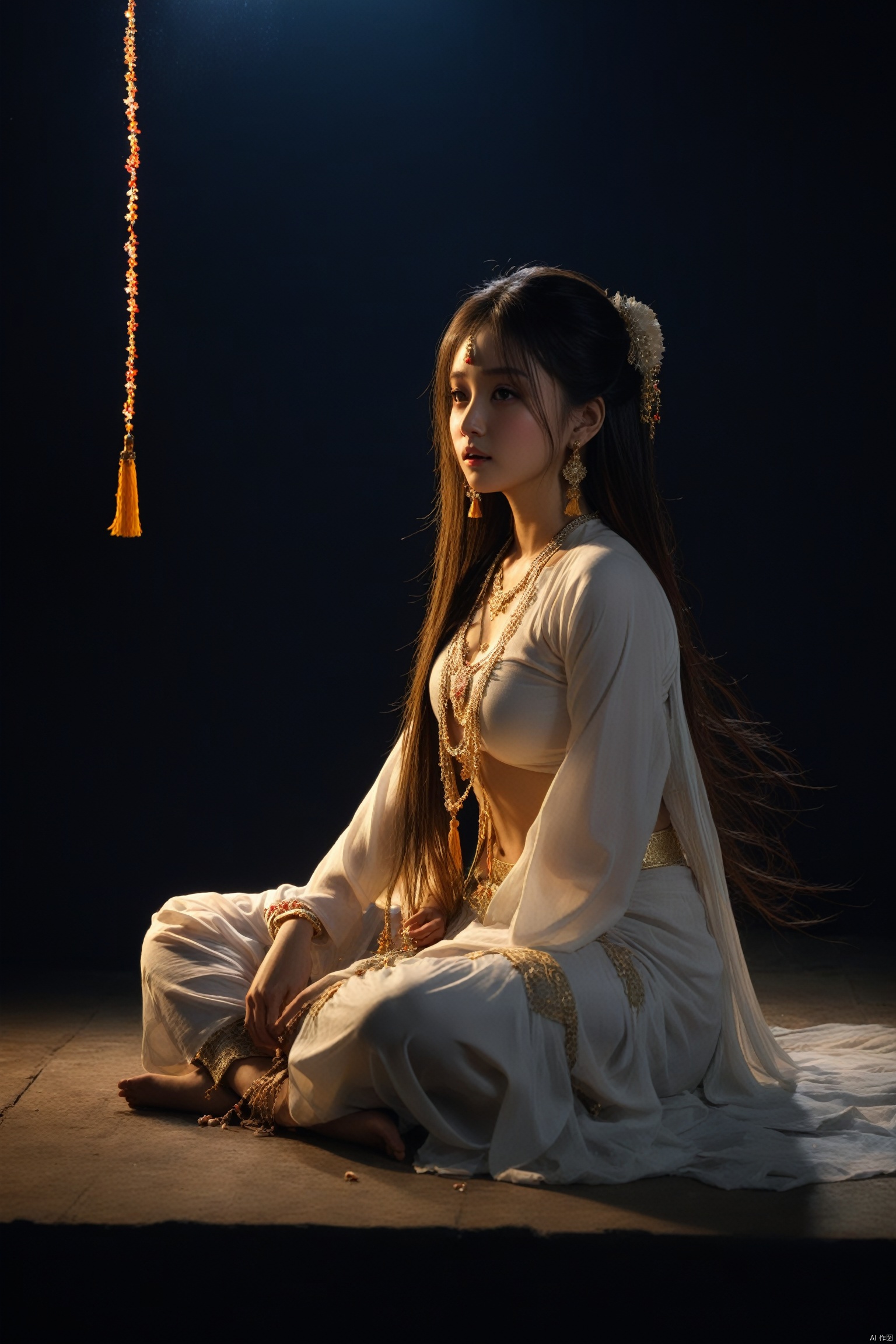 masterpiece,best quality,
1girl,long hair,nishang clothes,jewerly,Messy ,floating,pelvic curtain,tassel,sitting,in the dark,long hair,