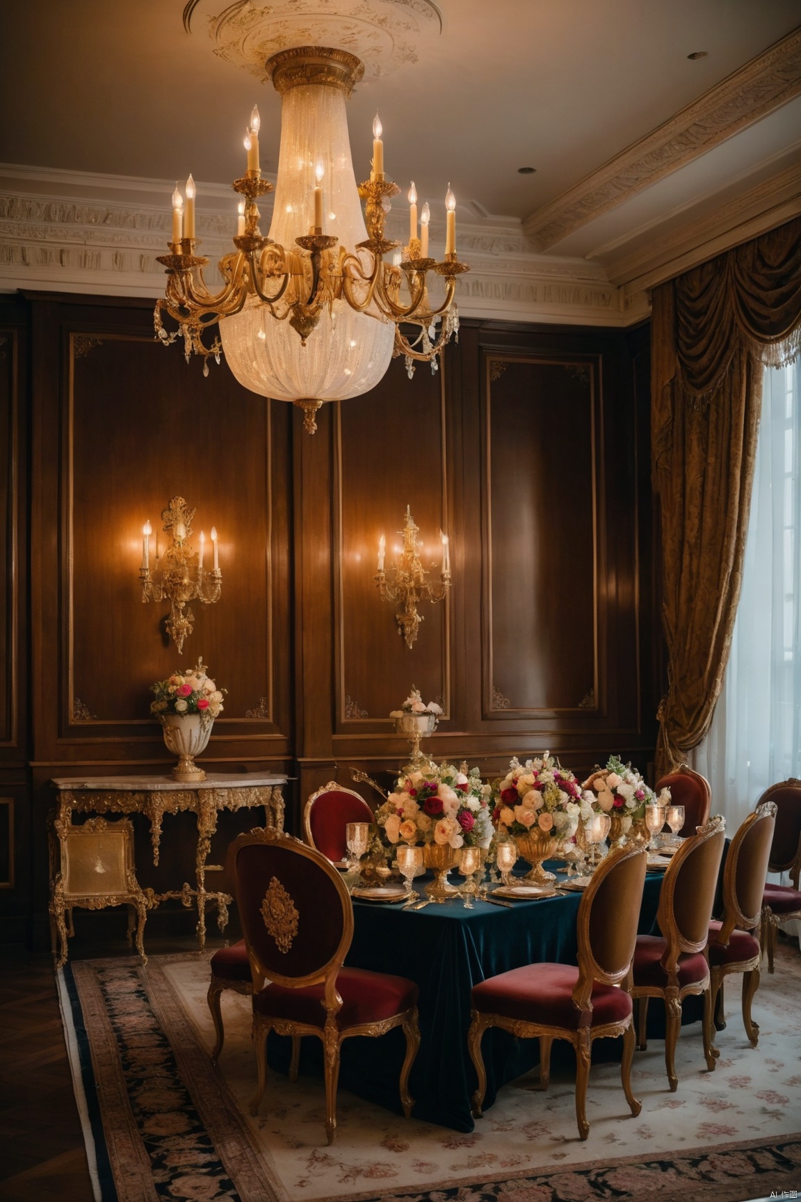  Classical luxury hotel reception, ornate gold accents, velvet drapery, antique chandeliers, grand floral arrangements, rich and elegant atmosphere.
