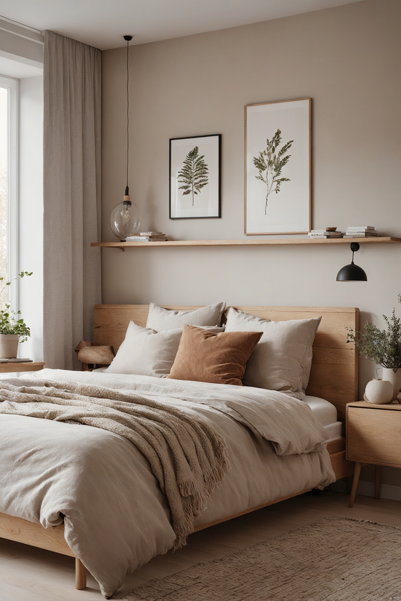  Scandinavian bedroom design, minimal decor, light wood finishes, muted colors, cozy textiles, natural lighting, simple yet cozy atmosphere.. perfect environment, cinematic lighting, product photography, unreal engine, 8K