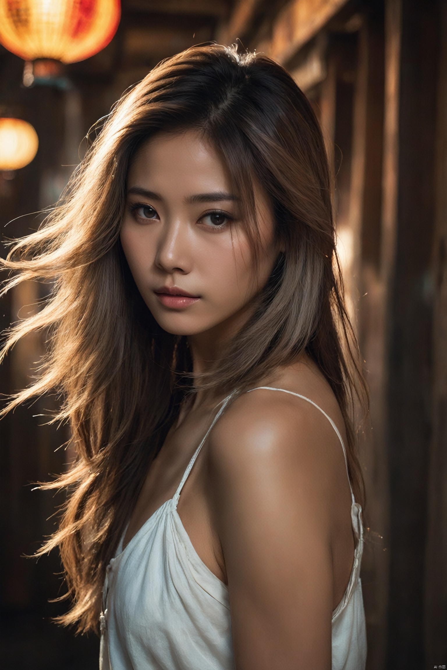  (colorful), (powerful colors:1.4), photographic of a (beautiful chinese girl:1.3), (tan skin), fashionable, light dust, varied depth of field, medium hair, long hair, white hair, tone mapping, hyper focus, red, glowing eyes, (upper body:0.8), natural body, limited palette, (detailed hair:1.13), (white outlines), (creative background), (creative), hard lighting, solo, clarity, (by Giovanni Battista Caccioli:1.6), (accomplished:0.8)