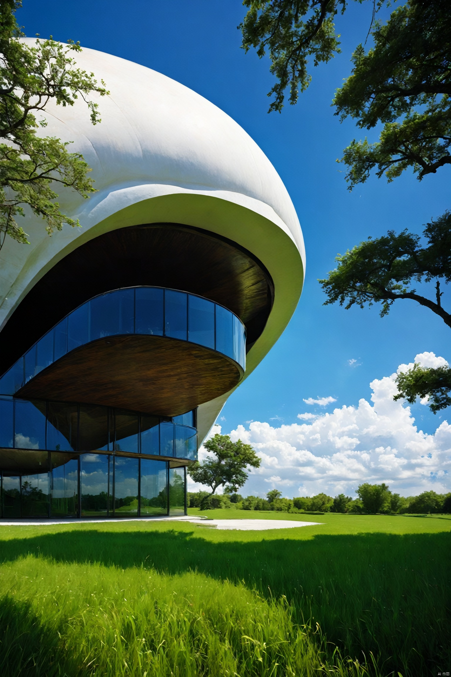  no humans,building,scenery,Alien design,outdoors,tree,cloud,blue sky,grass, masterpiece, best quality