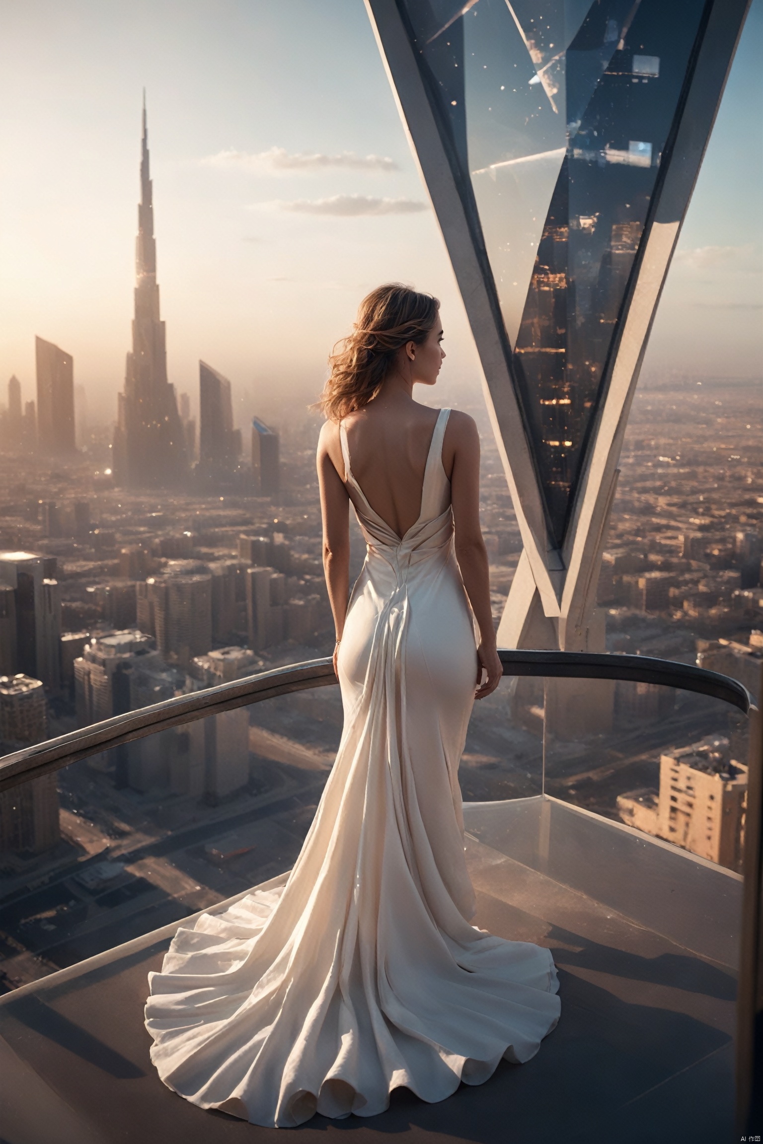  Very exquisite, 8K, beautiful: 1.2. A girl stands in front of a super large triangular building (equilateral triangle), a huge inverted triangle building, wedding dress, full body glowing, high heels, long legs, inverted triangle building with high details, complex details, super details, super clarity, high quality, overlooking the city, the Trisolaran civilization, sand dunes, spacecraft filled with space in the sky, with a sense of technology, futurism, space station, subversion of the city, night, Saturn, standing at the top of the city, her entire body (revealing the lower body), silhouette, smile, horizon, cyberpunk, standing on the roof, looking at wide-angle lenses, high angles, futuristic style, from above it is amazing. The visual background, 1girl, dream_building