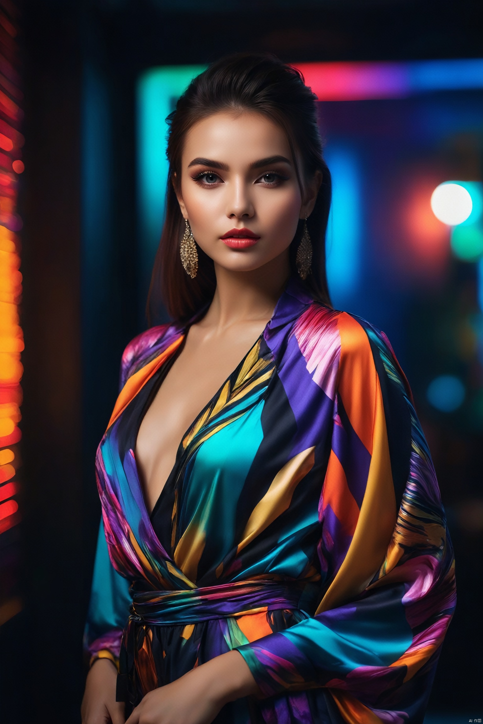  Cute girl, Sexy pose, Fashionable ,Vibrant colors, colorful clothes, Confident expression, Majestic environmental elements, Striking and modern cover design, Trendy and attention-grabbing background, Center of focus is fashion.
in the dark,deep shadow, light master,light master
