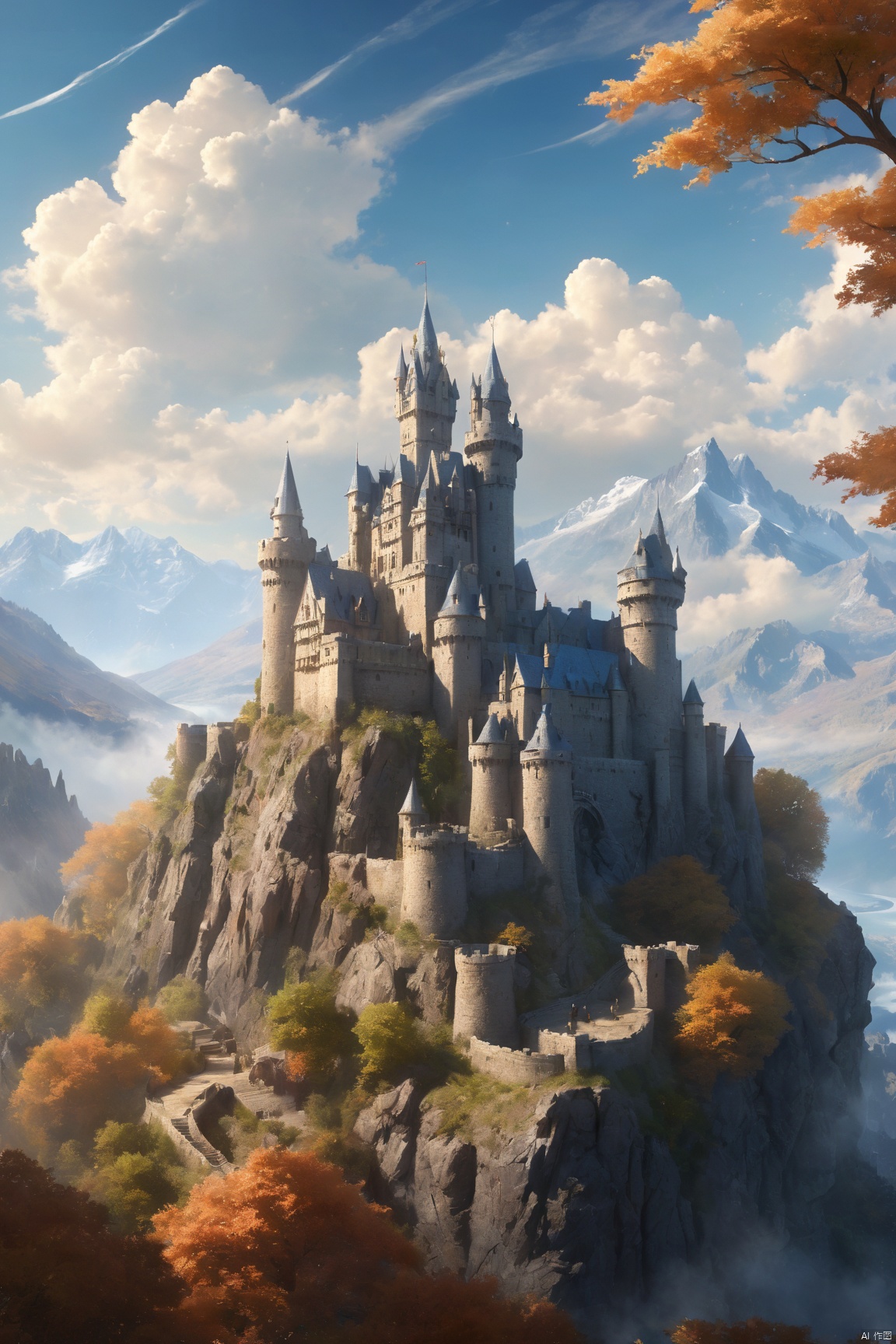  ((HRD, HUD, 8K)),((masterpiece, best quality)), highly detailed, soft light,
Castle, scenery, no humans, outdoors, sky, day, tree, cloud, mountain, castle, tower, blue sky, building, fantasy, cliff,