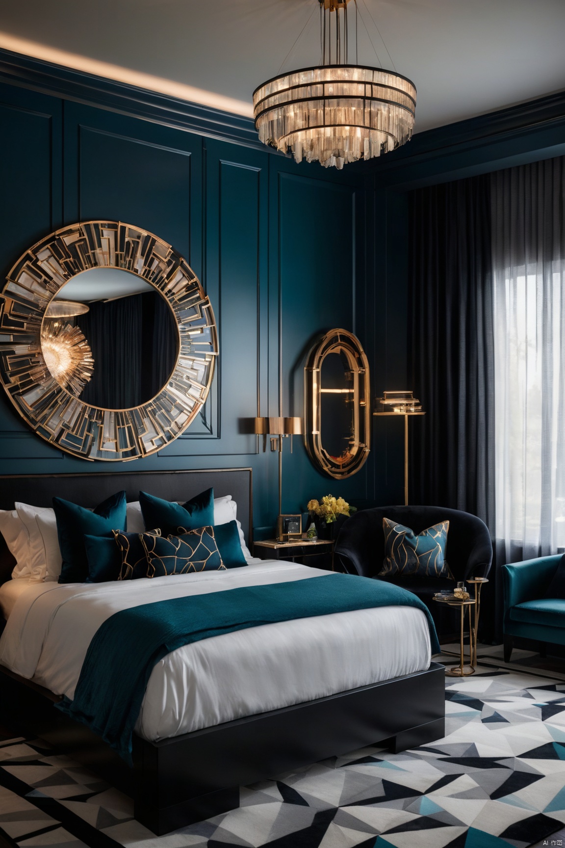  Create an Art Deco-inspired bedroom fused with contemporary technology. Use bold geometric patterns, luxurious fabrics, and a palette of rich, contrasting colors \(by CGArt Butterfly model with DreamHomes LoRA\). Incorporate smart lighting that can adjust to create various ambient settings and artful digital displays. The design should radiate opulence and elegance, catering to a taste for the glamorous and technologically advanced.