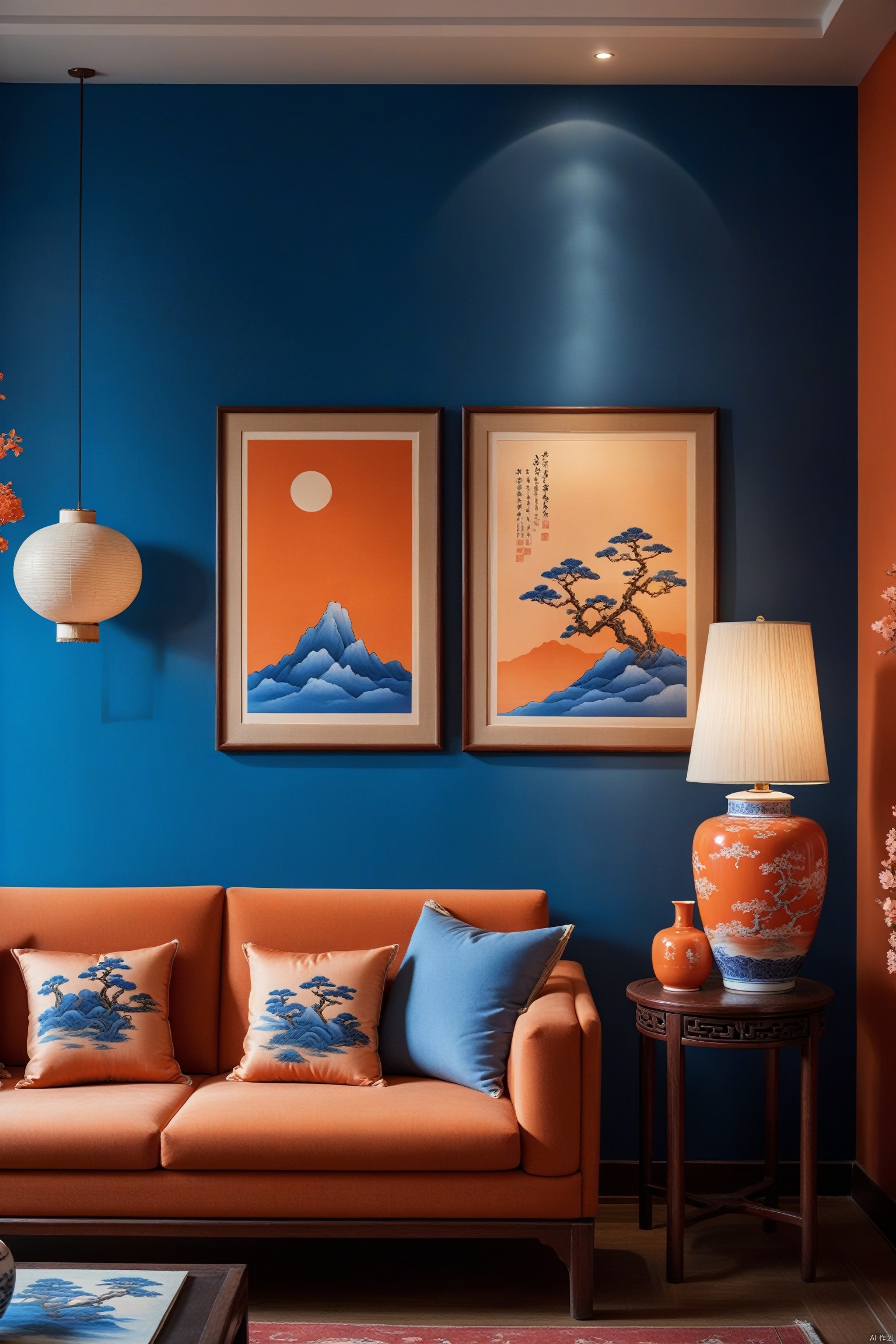  The living room features deep orange walls and vintage furniture in a Chinese-style interior design, with blue and white porcelain art prints on the wall showcasing natural illustrations of animals, forests, mountains, and sunlight. The space incorporates gradient and color blocking, crafted in a minimalistic style. An indoor plant is placed with a ceramic vase that has a marble texture, and the table lamp is elegantly shaped. The decor blends Chinese classical with retro European and American styles.