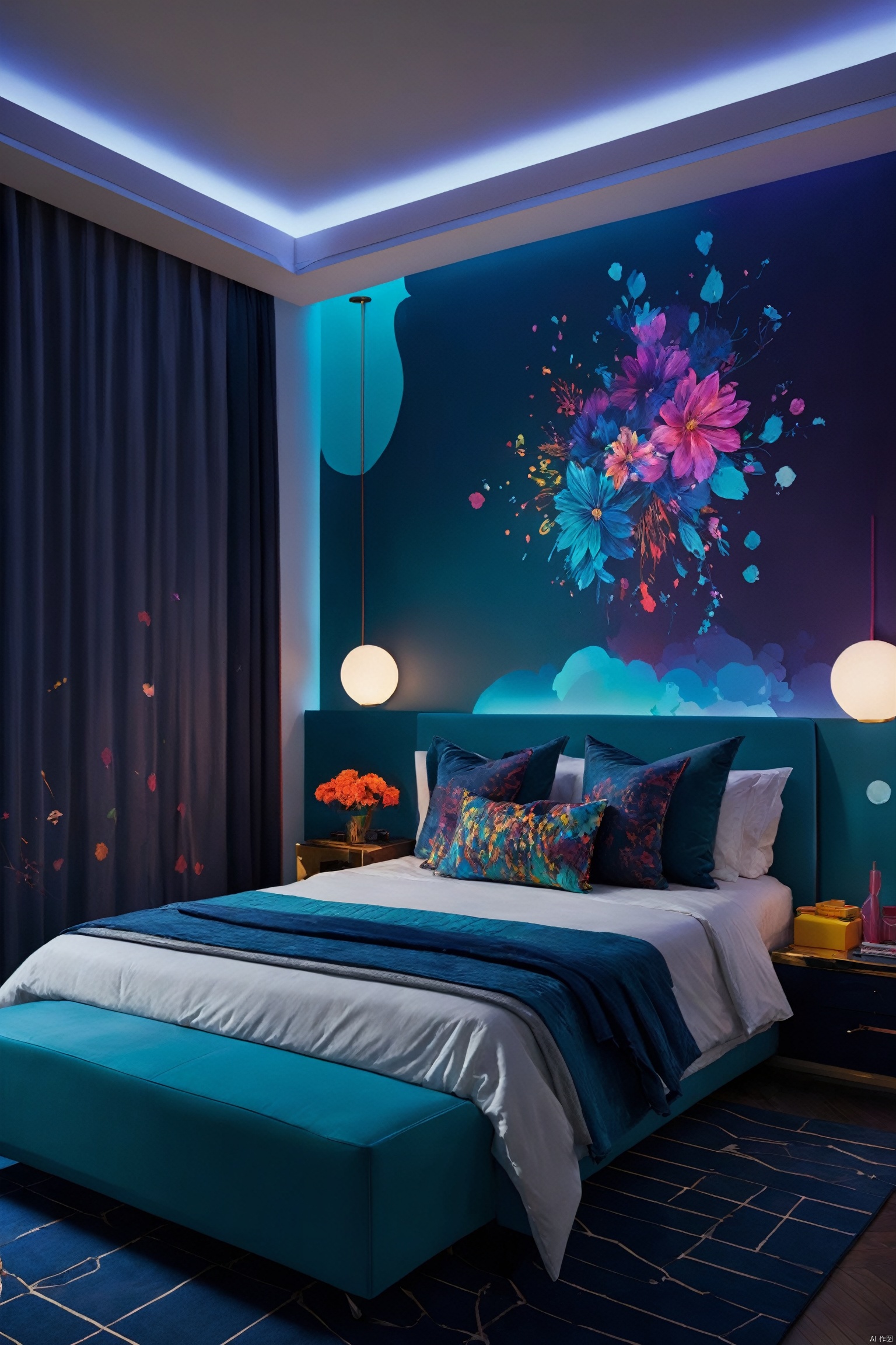  Create a dopamine-style bedroom design, characterized by vibrant colors and bold patterns. The room should radiate energy and creativity, showcasing contrasts and layers of color. Integrate advanced technology elements like color-changing smart lighting and interactive wall projections. The design should encourage creativity and personal expression, suitable for those seeking fun and inspiration