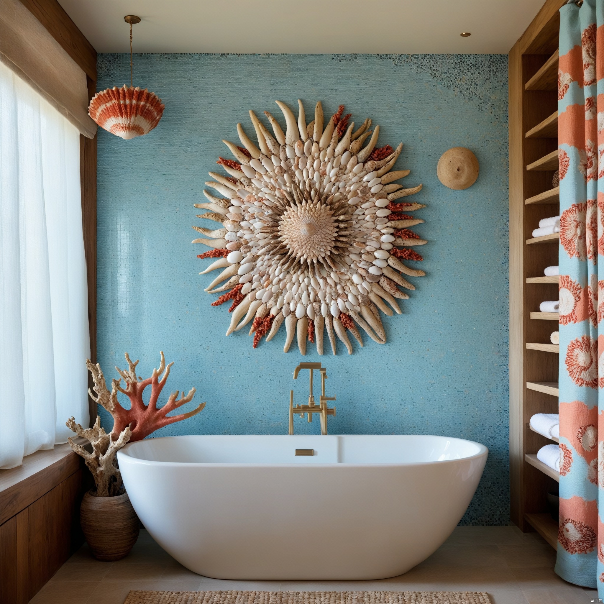  Light blue and sandy tones, mosaic tile backsplash, seashell and coral decor, freestanding bathtub, breezy curtains, natural light, driftwood elements, spa-like atmosphere
