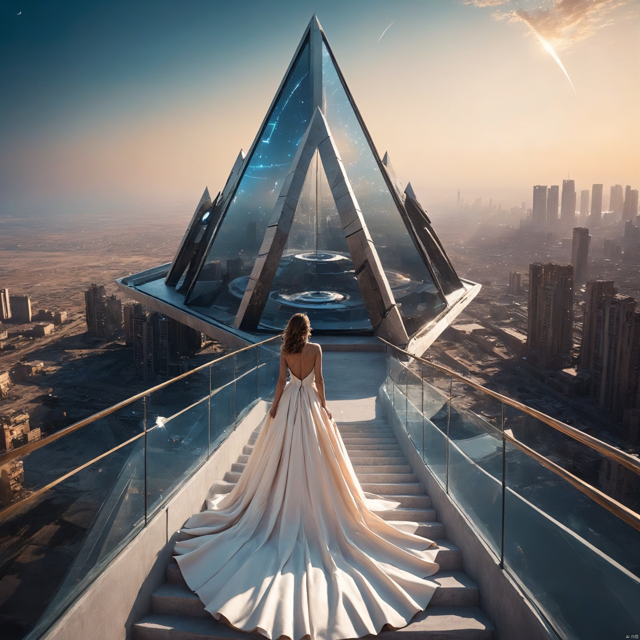  Very exquisite, 8K, beautiful: 1.2. A girl stands in front of a super large triangular building (equilateral triangle), a huge inverted triangle building, wedding dress, full body glowing, high heels, long legs, inverted triangle building with high details, complex details, super details, super clarity, high quality, overlooking the city, the Trisolaran civilization, sand dunes, spacecraft filled with space in the sky, with a sense of technology, futurism, space station, subversion of the city, night, Saturn, standing at the top of the city, her entire body (revealing the lower body), silhouette, smile, horizon, cyberpunk, standing on the roof, looking at wide-angle lenses, high angles, futuristic style, from above it is amazing. The visual background, 1girl, dream_building