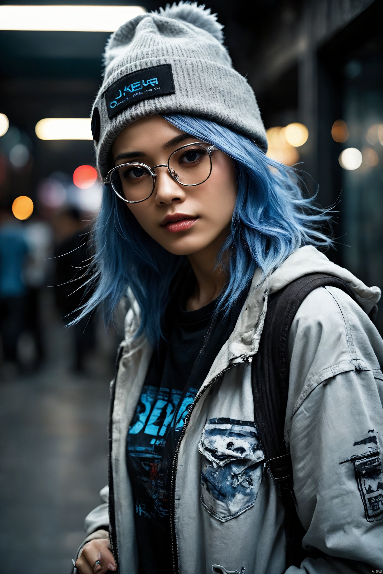  photo realistic,lively in a transitional setting The backlog should be brief,reliable design itself should have feature realistic textures and a lifestyle,engaging expression,captured in a way that showcases its magnetic,mythical nature in a heartbeat,invading Manner,
looking at the camera,(pore:1.2),asia,ultimate details,captured on a (Olympus OM-D E-M10 Mark IV),
Cute female cyberpunk hacker with blue colored glasses,in a jacket with a Beanie long grey hair half teeshirt ripped jeanscyberpunk 2077 poster art,