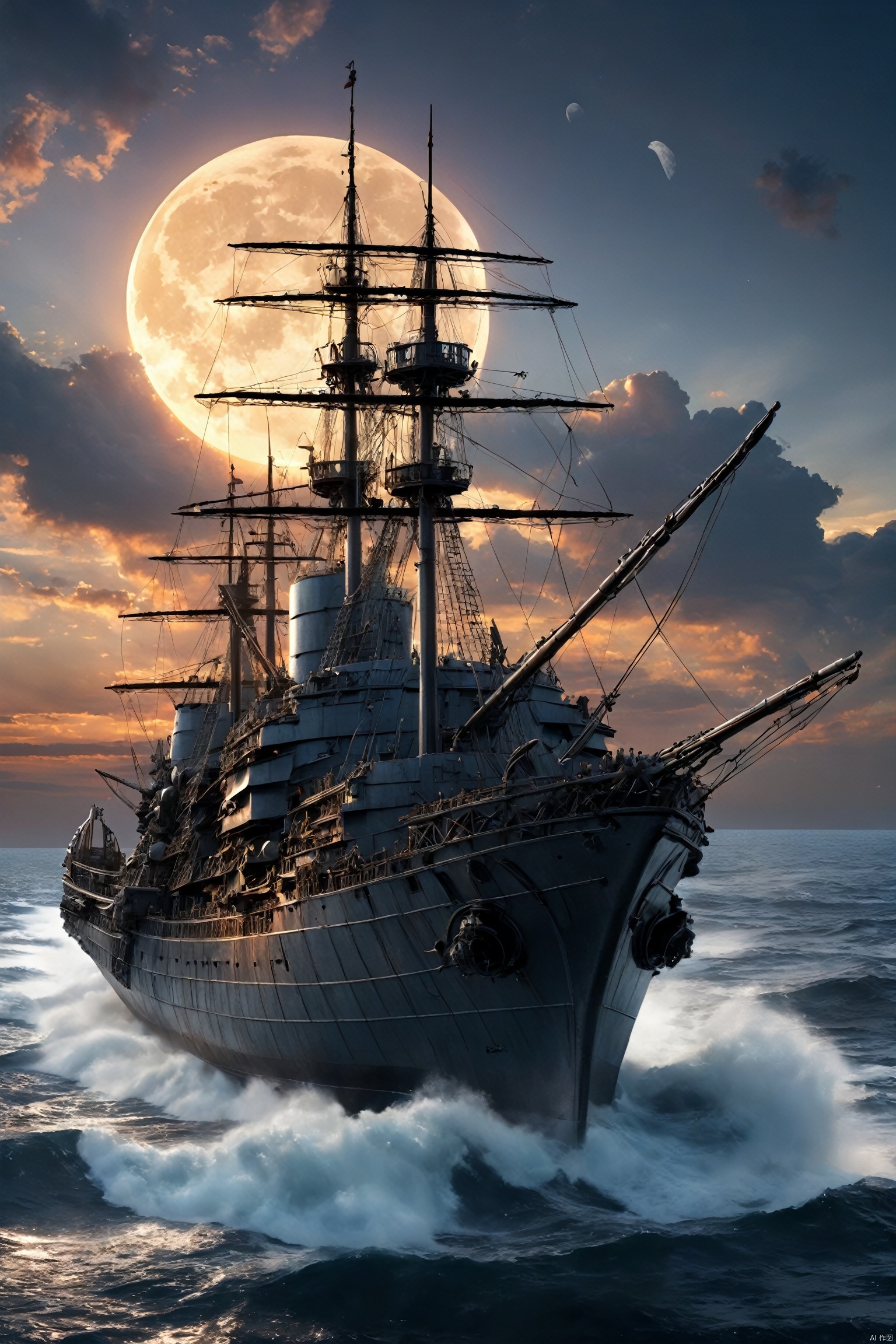  Stainless steel sculpture,(warship,look at viewer,outdoor,full body):1.5\),
Background\(sunset,(cyber city,moon),cloud,sky\),
masterpiece,best quality,unreal engine 5 rendering,movie light,movie lens,movie special effects,detailed details,HDR,UHD,8K,CG wallpaper