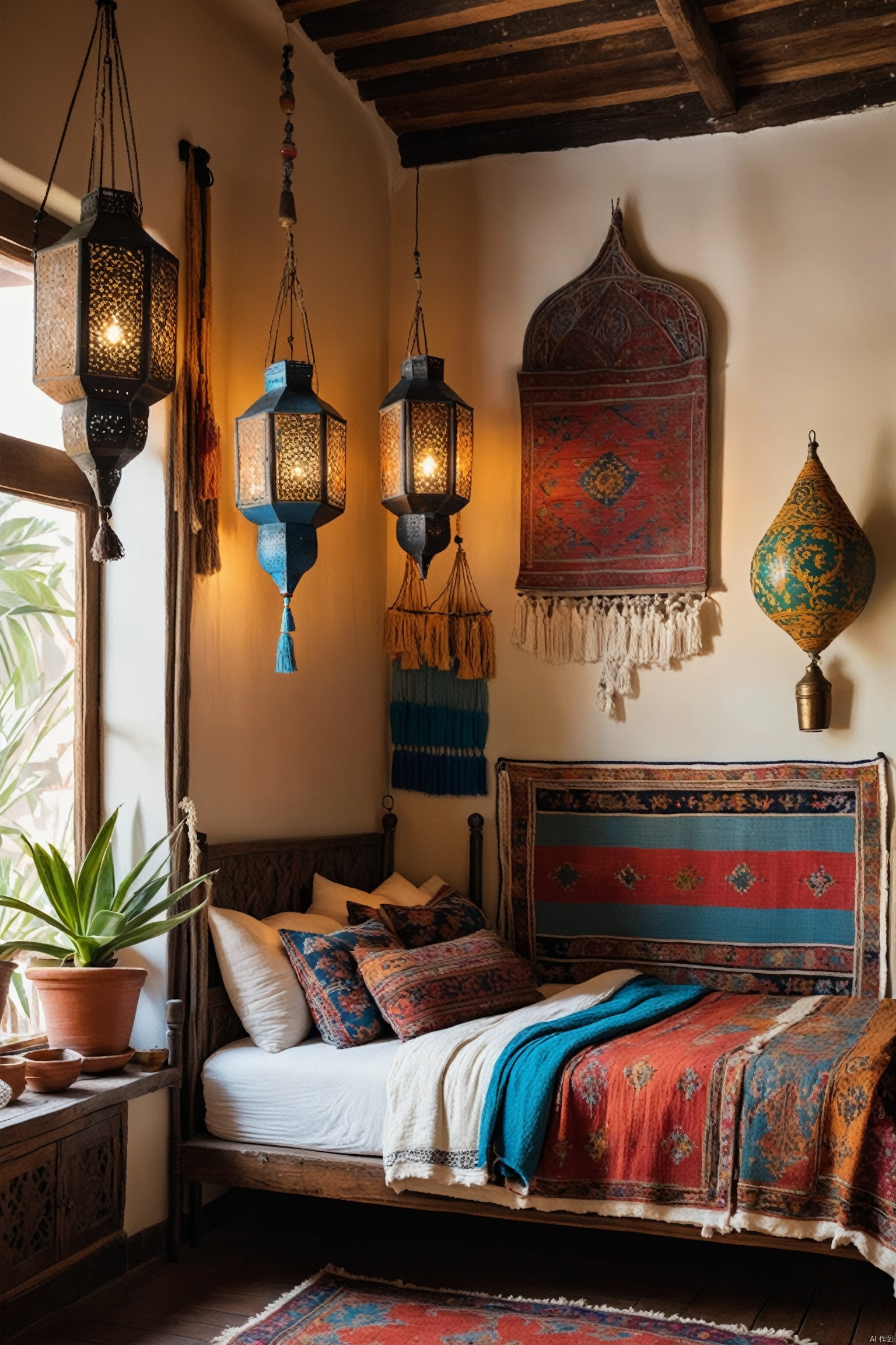  Colorful tapestries, distressed wood flooring, eclectic mix of vintage furniture, Moroccan-inspired lanterns, rich textures and patterns, hanging macramé plant holders, loft bed, Persian rugs, mismatched ceramic tiles, global artifacts.