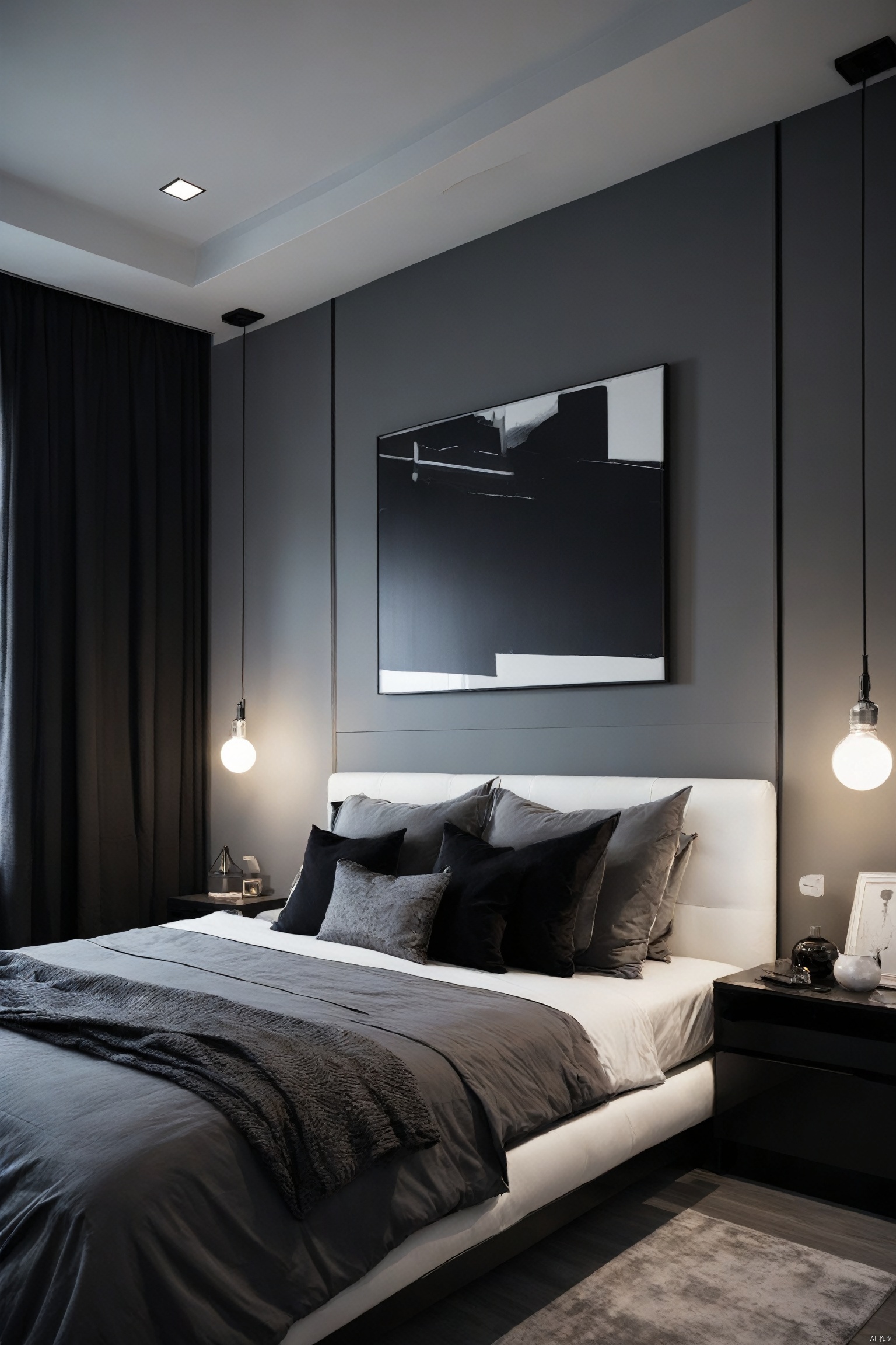  Prompt: "Design a minimalist, tech-inspired bedroom, using a monochromatic color scheme with shades of grey, white, and black. The room should feature clean lines and minimal decoration, emphasizing functionality and uncluttered beauty. Incorporate modern technology elements like integrated smart home control panels or hidden smart storage solutions. The design should reflect a modern, minimalist, and technology-driven lifestyle, appealing to those who value efficiency and refined living., Dream Homes, 1girl