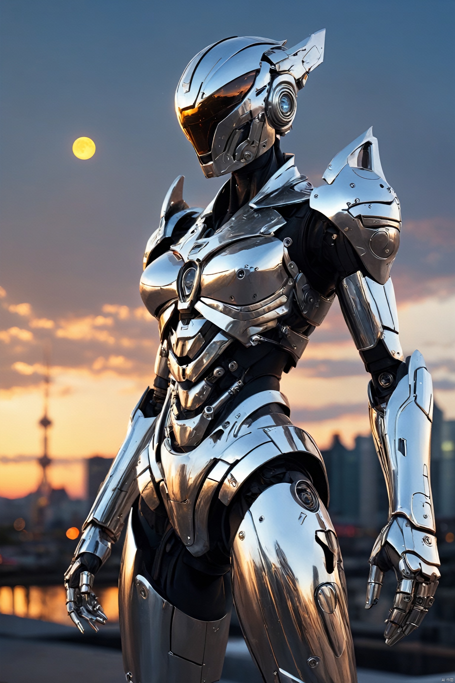  Stainless steel sculpture,1mecha\(metal,future weapon,Streamline appearance, punk style, laser weapons\),standing,(look at viewer,outdoor,full body)\),
Background\(sunset,(cyber city,moon),cloud,sky\),
masterpiece,best quality,unreal engine 5 rendering,movie light,movie lens,movie special effects,detailed details,HDR,UHD,8K,CG wallpaper