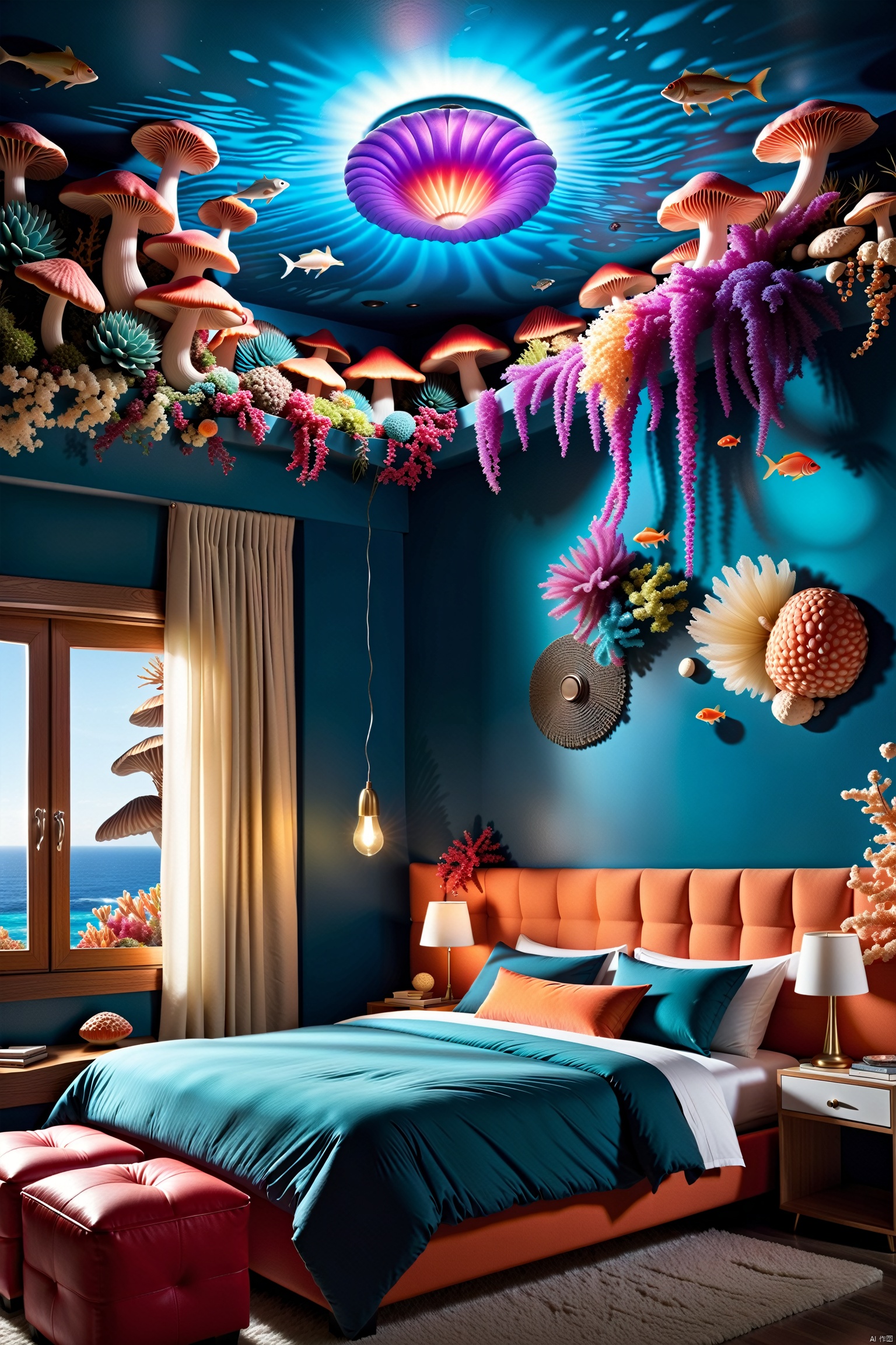  A bedroom under the sea, surrounded by dreamy mushrooms. The walls are made of colorful corals and anemones, with glowing jellyfish and colorful fish swimming above through the ceiling. The bedroom is elegantly decorated with a bed made of shells and seaweed, with a conch shell lamp beside it. The whole room is filled with a mysterious and enchanting ocean atmosphere, suitable for high-definition underwater photography, intricate details, clear focus, vivid colors, realistic art, suitable for framing, interior design, and fine art prints.