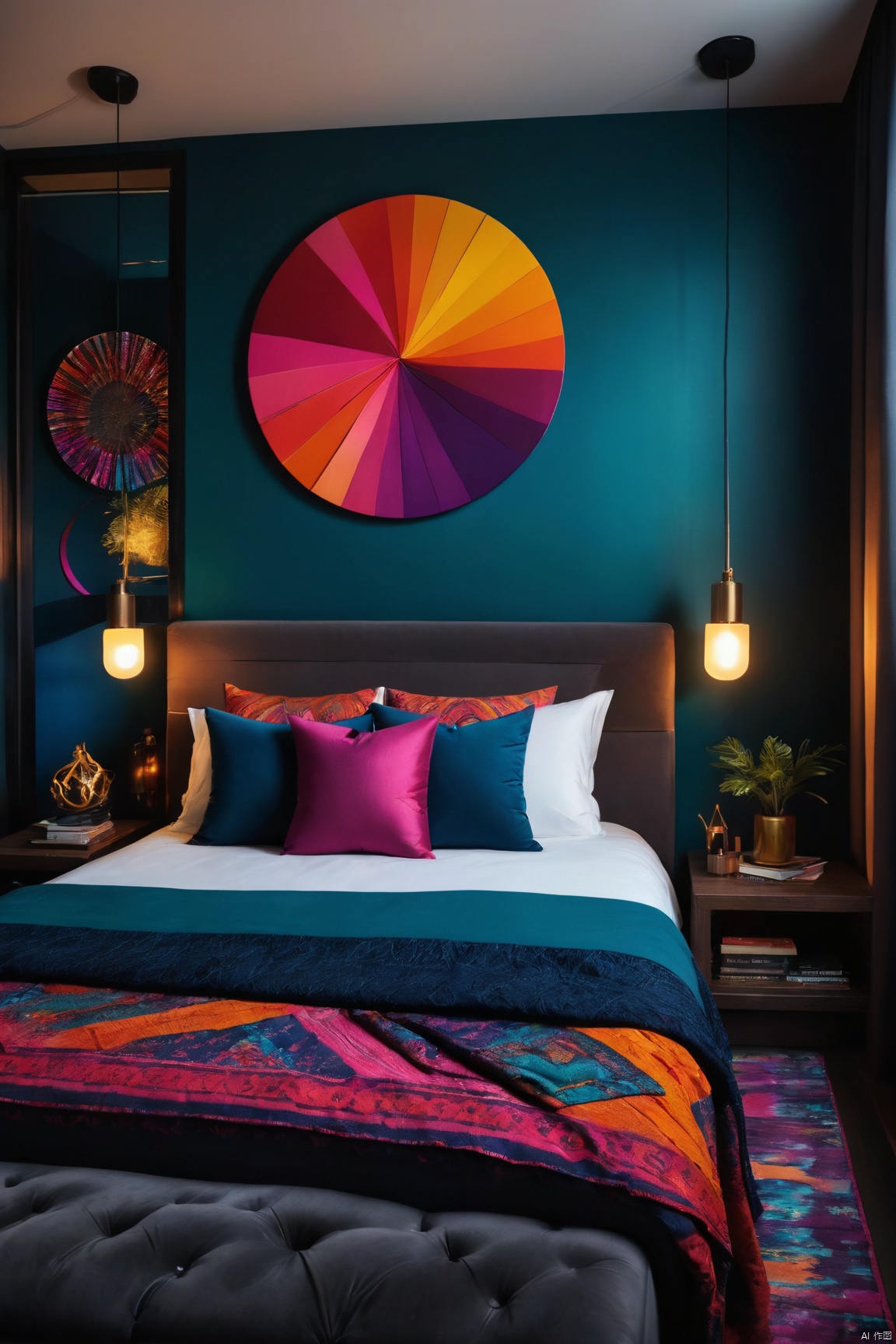  Cute girl, Sexy pose, Fashionable ,Vibrant colors, colorful clothes, Confident expression, Majestic environmental elements, Striking and modern cover design, Trendy and attention-grabbing background, Center of focus is fashion.in the dark,deep shadow,Bohemian-style bedroom design with integrated modern technology. Emphasize vibrant colors, eclectic patterns, and a mix of textures. The room should feel free-spirited and artistic, with unconventional decor and smart home gadgets. Consider including elements like programmable mood lighting and artistic digital displays. This design should foster a sense of creativity and unconventionality, appealing to those who love a lively, tech-savvy, and unconventional living space.