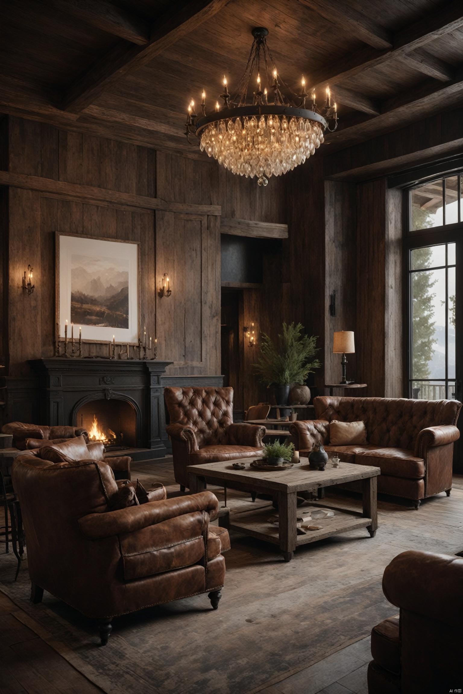  Rustic chic hotel lobby, distressed wood reception desk, farmhouse-style chandeliers, leather couches, cozy fireplace, welcoming and homely atmosphere, ultra detailed, mysterious, perfect environment, cinematic lighting, product photography, unreal engine, 8K