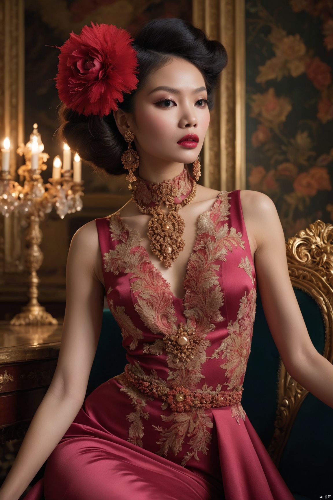  Glamorous and opulent, bold colors, luxurious fabrics, ornate details, dramatic and elegant overall appearance.