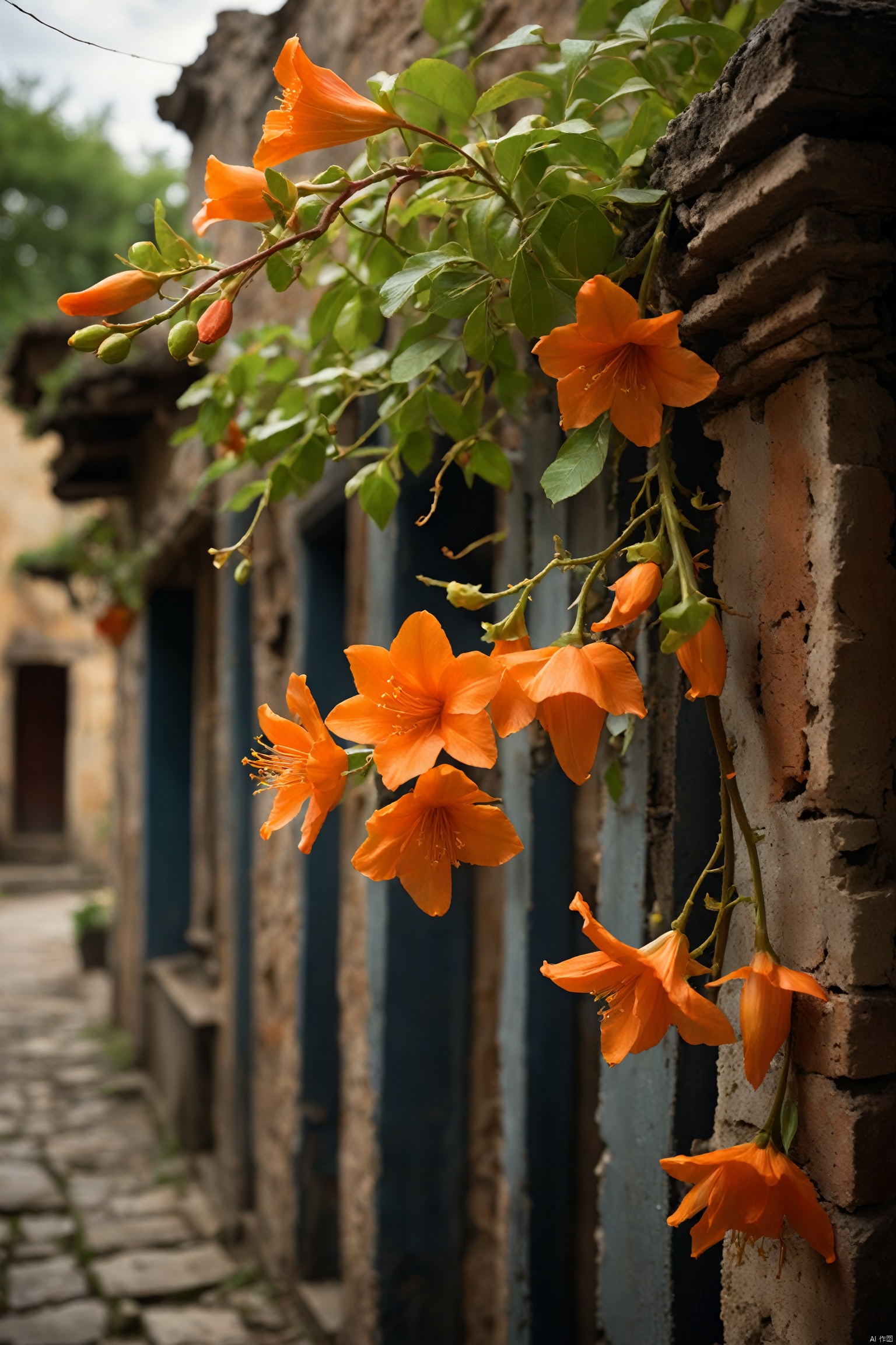  cinematic photo Trumpet vine climbs along the old wall with its vibrant orange blossoms, bringing vitality and color to the rustic setting., (sharp focus:1.2), extremely detailed, (photorealistic:1.4), (RAW image, 8k high resolution:1.2), RAW candid cinema, 16mm, color graded Portra 400 film, ultra realistic, cinematic film still, subsurface scattering, ray tracing, (volumetric lighting) . 35mm photograph, film, bokeh, professional, 4k, highly detailed